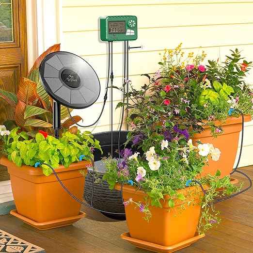Solar Irrigation System Kit with Automatic Watering Computer Drip Irrigation for Garden Balcony Greenhouse Supports 15 Potted Plants 15 Meter Hose