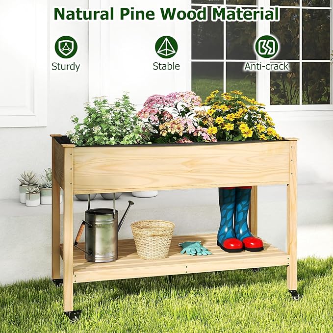 Giantex Mobile Raised Garden Beds Set of 2 Wood Planter Box with Wheels Storage Shelf &amp Liner 47”x23”x33” Rolling Raised Bed for Indoor Outdoor Plants Vegetables Flower Herbs Fruit Gardening