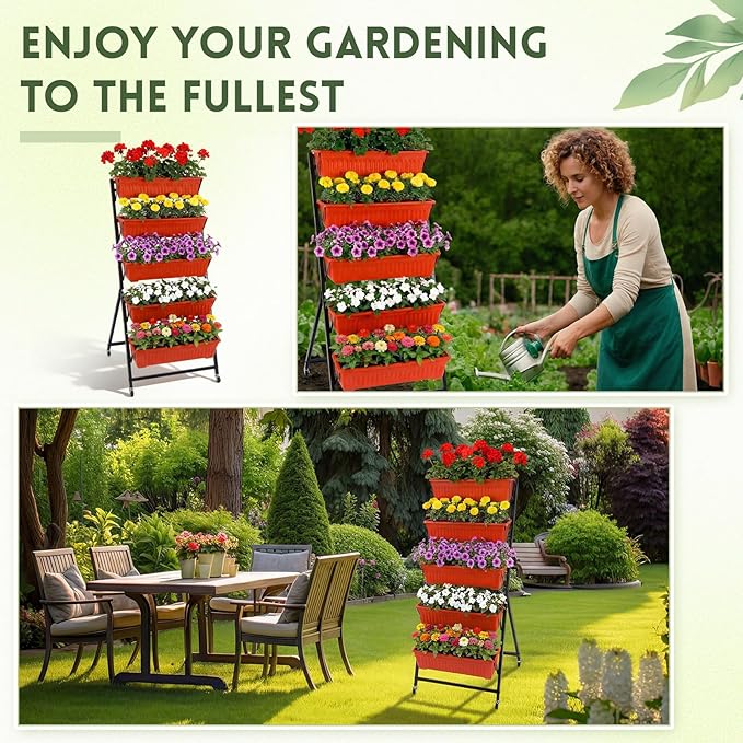 2 Pack 5 Tier Vertical Garden Planter with Wheels 4.5 ft Raised Garden Bed for Strawberry Herb Vegetable Flower Stackable Planter Boxes with Drainage for Patio Indoor Outdoor(Brick Red)