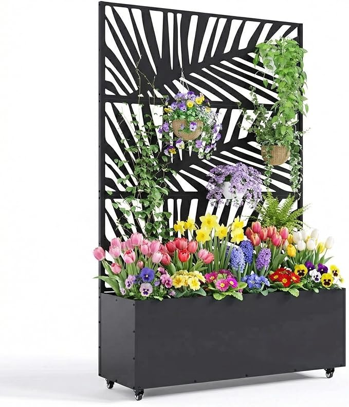 Metal Planter Box with Trellis 47X16X71 Raised Garden Bed w/Wheels Galvanized Metal Privacy Screen for Climbing Plants Vegetables Vines Patio Planters with Drainage Holes 16 Deep Bed