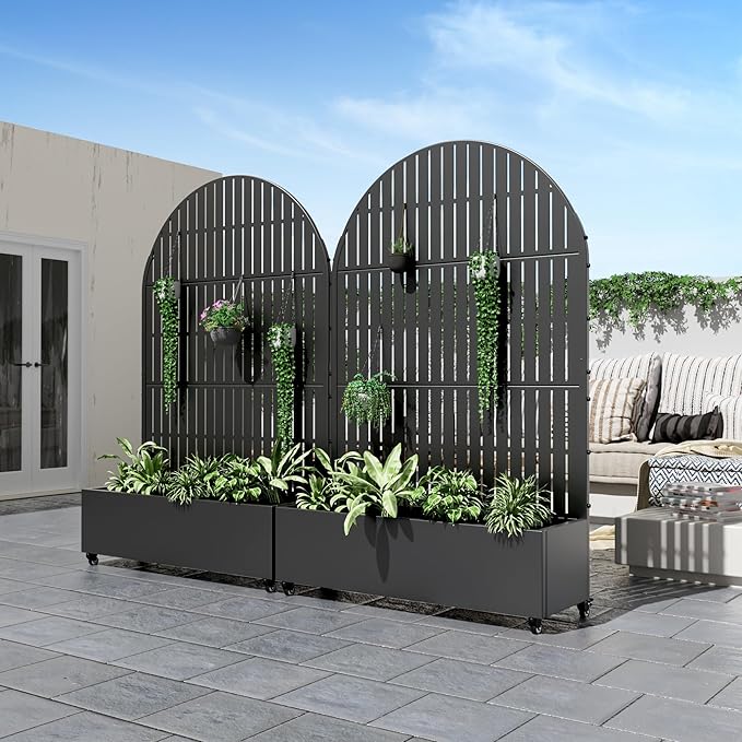 Casaphoria Raised Garden Bed Metal Planter Box with Trellis 72x47x16 for Outdoor Climbing Plants Flowers Vegetables and Vines Privacy Screen with Wheels and Drainage Holes(Black Vertical)