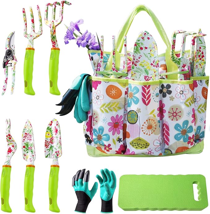 NAYE Garden Tool SetCute Gardening Gifts for WomenBirthday Gifts for MomHeavy Duty Tool Kit with GlovesGarden ToteKneeling PadHand PrunerTrowelHand RakeWeederForkTransplanterMulticolor