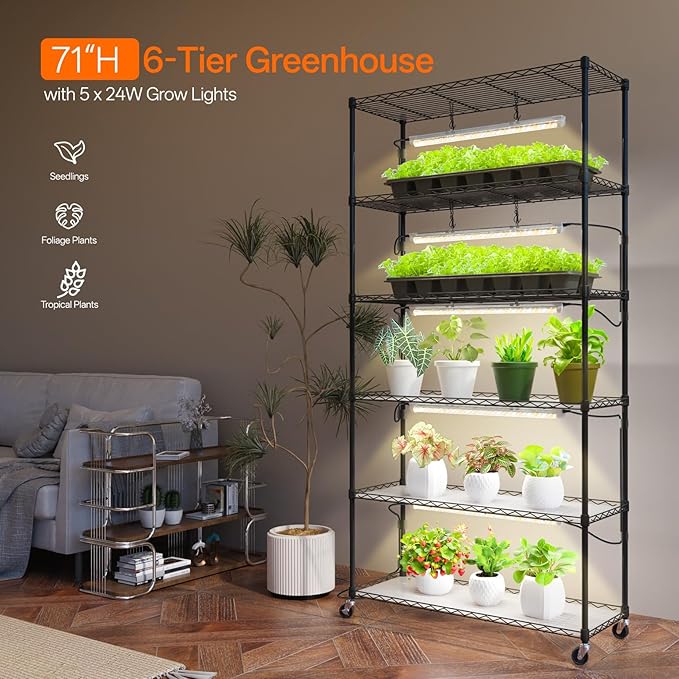 Bstrip Plant Shelf with Grow Light Metal Plant Stand with Adjustable Rack and Wheels 5 Pack T8 Full Spectrum Grow Light Strip for Indoor Plants Seed Starting Seed Tray 35.4x13.8x71