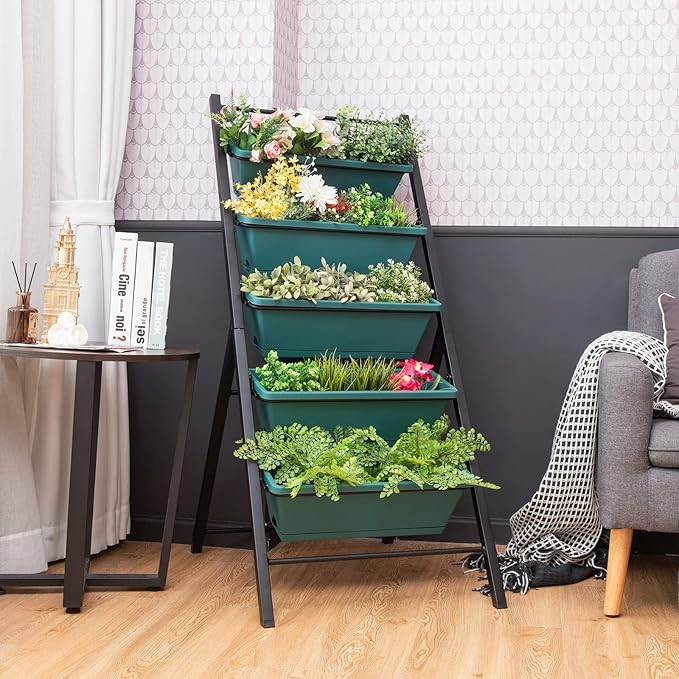 Giantex Set of 2 Vertical Planter Raised Bed Elevated Garden Beds with Water Drainage Hole Freestanding 5 Container Boxes for Herb Vegetables Flowers Growing Outdoor Indoor Patio Balcony
