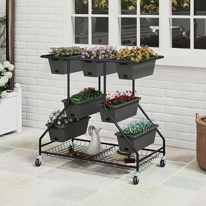 Happygrill 3-Tier Vertical Raised Garden Bed Outdoor Garden Planter w/7 Planter Boxes Drainage Holes 4 Universal Casters Movable Elevated Planter Box w/Storage Shelf Perfect for Flowers Herbs