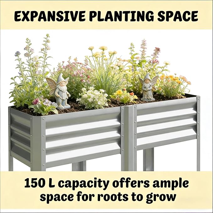 Elevated Outdoor Raised Garden Bed with Legs - 39.6-Gallon Galvanized Steel Planter Box for Patio Herbs Vegetables &amp Flowers - Ergonomic Height 33lb Storage Shelf (Silver)