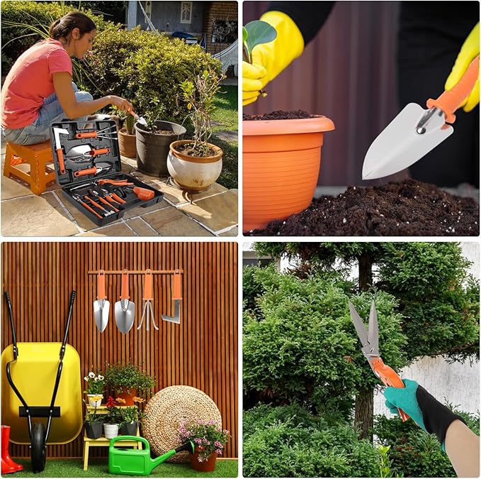 Gardening Tool Set 11 Pieces Gardening Tools with Carrying Case Garden Tool Kit for Digging Planting Pruning Unique Gardening Set with Gloves for Women and Men (Orange)