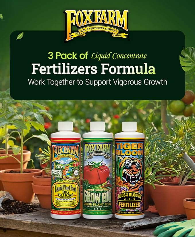 FoxFarm Soil Liquid Trio Pack - Big Bloom Grow Big Tiger Bloom Fertilizers for Vigorous Plant Growth Bud Development &amp Abundant Fruit - Complete Liquid Plant Food Set - 3 Pint Bottles