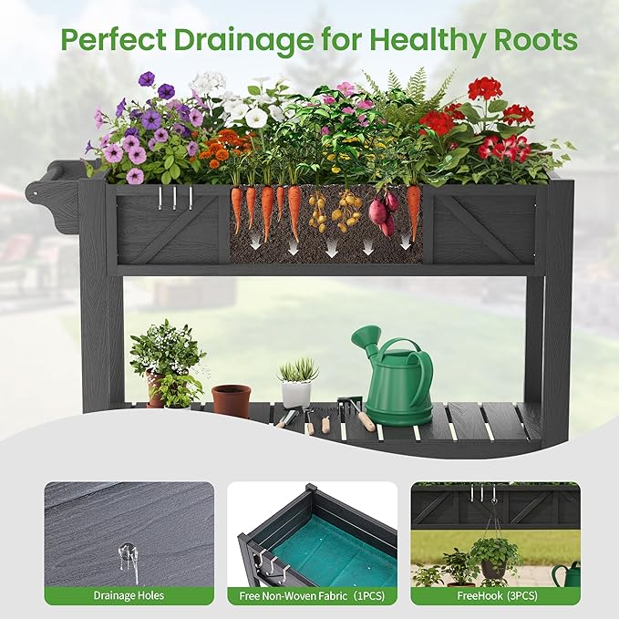 HIPS All-Weather Raised Garden Bed with Legs47.2L x 17.3W x 29.7H Large Elevated Planter Box with Wheels &amp HandleRaised Bed Planters with 3 Hooks &amp Non-Woven Liner for Vegetables Flower H