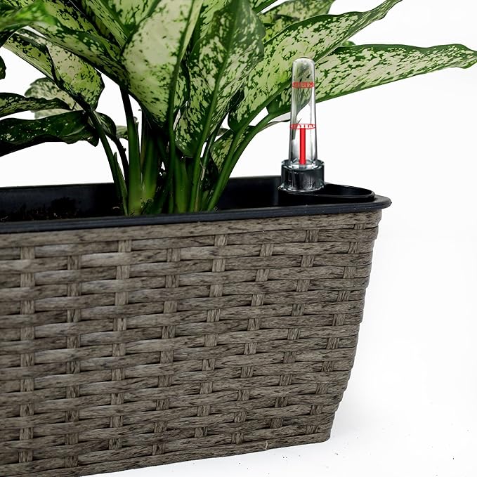 2 Pack Self Watering Planter Hand Woven Wicker Rectangular Dark Gray