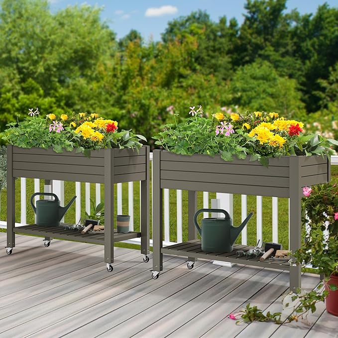 YITAHOME 43.3x17.7x34 in Elevated Garden Bed Outdoor Plastic Planter Box with Wheels Legs Drain Plug and Storage Shelf for Plants Vegetables Flowers Herbs Light Brown