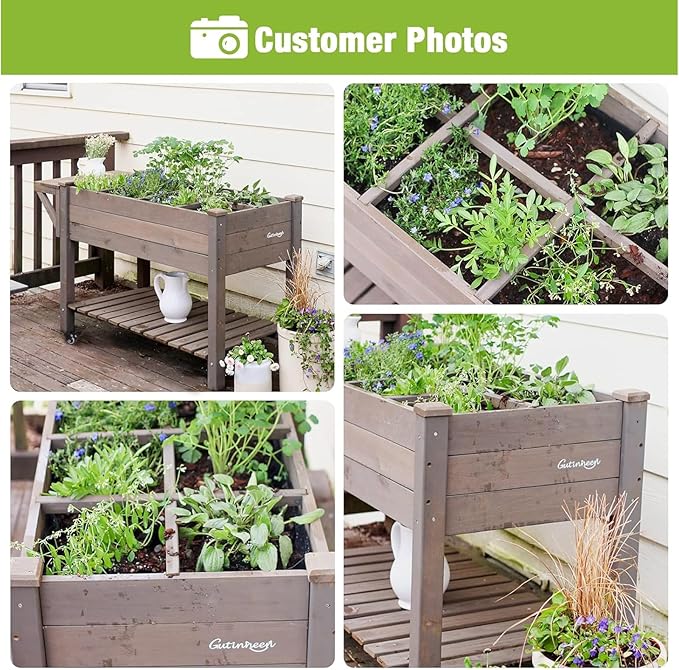 GUTINNEEN Raised Garden Bed for Herbs Patio Elevated Flower Planter Vegetable Boxes with Grow Grid - Large Storage Shelf Brown