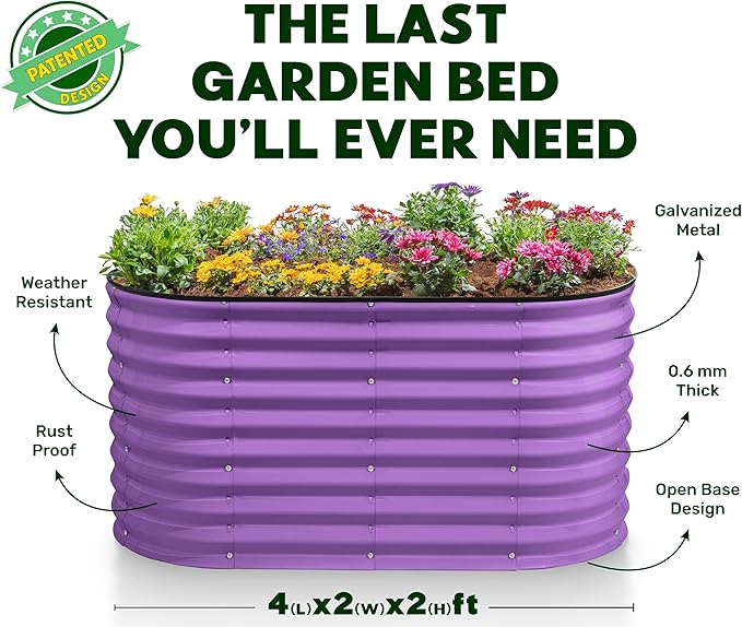 Plant &amp Plot Galvanized Raised Garden Beds Outdoor // 4×2×2 ft Planter Raised Beds for Gardening Vegetables Flowers // Large Metal Garden Box (Purple) // Patented Tool-Free Design