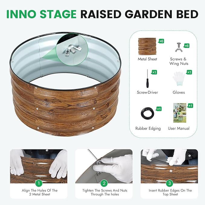 INNO STAG 3 Pcs Round Galvanized Raised Garden Bed — 2×2×1ft Planter Box Outdoor Raised Beds Kit for Gardening Vegetables Fruits Herbs and Flowers Grain