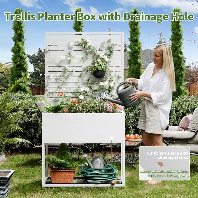 Metal Planter Box with Trellis67 H x35 W Raised Garden Beds with Privacy Screen for Climbing Plants Flower Elevated Standing Planter Garden Bed with Drainage Holes for Outdoor PatioWhite