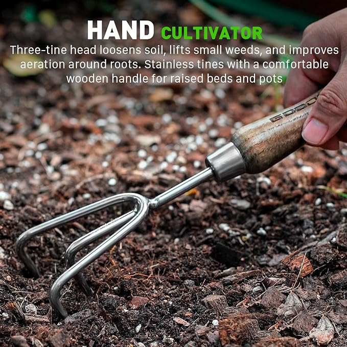 GOODSMANN Garden Tools Set 3 Piece Stainless Steel Gardening Kit Hand Trowel Marker Measurements Transplanter and Cultivator Garden Hand Shovel for Digging Weeding Planting Turning Soil