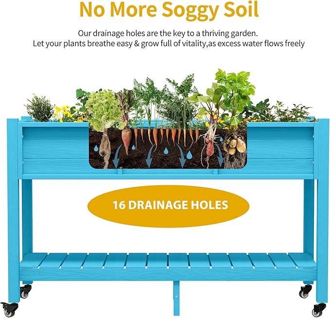 DWVO 47x18x31in Raised Garden Bed HDPE Weather-Resistant Poly Wood Planter Box Stand Planter Box with Legs Storage Shelf &amp Lockable Wheels Elevated Garden Bed for Backyard Patio - Aruba Blue