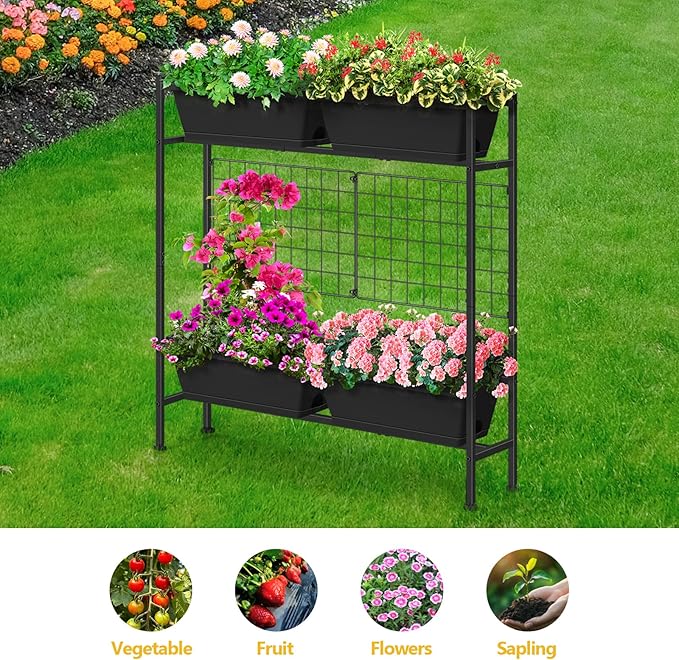 Raised Garden Beds Outdoor Elevated Garden Planter Boxes with Trellis and Legs Standing 32.4 Flowers Beds Herbs Vertical Planters for Small Climbing Plant Vegetables Patio Balcony Black