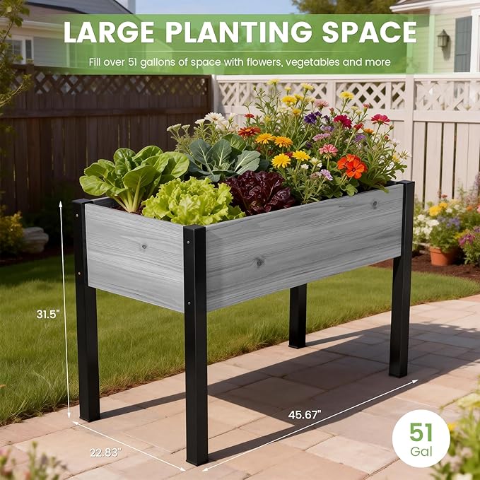 DoCred Raised Garden Bed 45.7 x 22.8 x 31.5 Large Elevated Wooden Horticulture Planter Box with Metal Legs Standing Growing Bed Planter for Gardening Balcony Backyard Patio