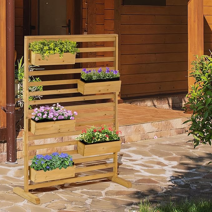 Wooden Plant TrStand with 5 Hanging Planter Boxes Freestanding Outdoor Plant Stand for Patio Garden Balcony Porch