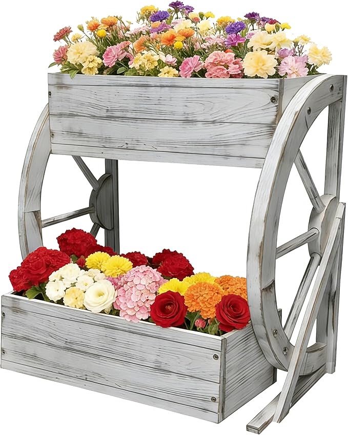 Wooden Wagon Garden Planter Box with Wheels-Indoor/Outdoor Decor for Patio Backyard Balcony-Country Farmhouse Flower Box-2 Tier Rustic Garden Raised Bed for Flowers Herbs Vegetables