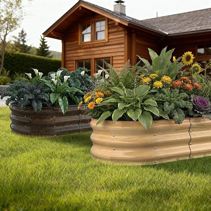 4x2x1FT Galvanized Raised Garden BedsRaised Garden Bed with Safety Edging and GlovesOval Metal Planter Box for Gardening Vegetables Flowers Herb-Classic Walnut
