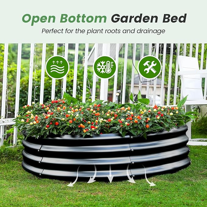 Land Guard 2×2×1ft Galvanized Raised Garden Bed Kit Round Galvanized Planter Raised Garden Boxes Outdoor Large Metal Raised Garden Beds for Vegetables Black