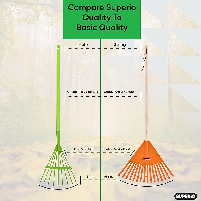 Superio Kids &amp Adult Rakes with Hardwood Handle Durable Plastic Head to Sweep Leaves in Lawn and Tidying Up The Garden Kids Size 34 Adult Size 61