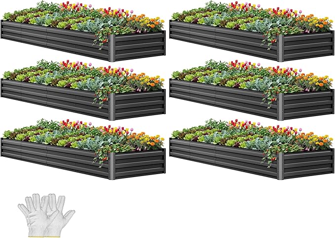 YITAHOME 6pcs 12x4x1 ft Galvanized Raised Garden Bed Kit Large Metal Planter Box with Gloves Safety Rubber &amp Support Rod Outdoor Flower Bed for Plants Vegetables Black