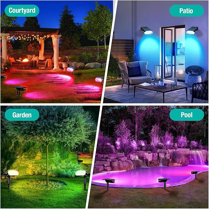 68 LEDs RGB Solar Spot Lights 1000 Lumens 9 Lighting Modes Color Changing Solar Outdoor Lights IP67 Waterproof 2-in-1 Landscape Garden Light for Yard Patio 4 Pack