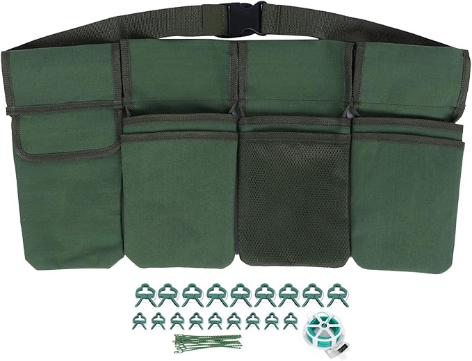 Gardening Tools Set with Green Canvas Waist Bag Plant Support Clips Adjustable Cable Ties Kit for Professional Gardeners