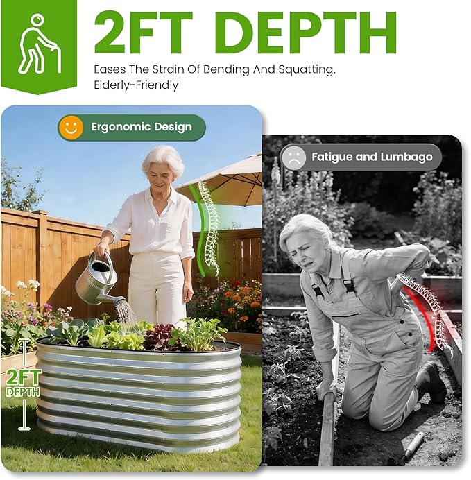Galvanized Raised Garden Bed Outdoor 24'' Deep | Oval Metal Garden Beds with Easy Assembly &amp Planter Box for Planting Deep Root Vegetables Fruits Flowers 4x2x2ft Silver