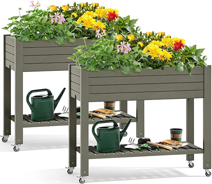 YITAHOME 43.3x17.7x34 in Elevated Garden Bed 2pcs Outdoor Plastic Planter Box with Wheels Legs Drain Plug and Storage Shelf for Plants Vegetables Flowers Herbs Light Brown
