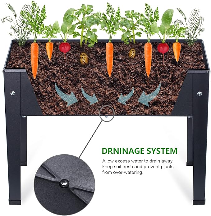 Piksedo Raised Garden Bed Elevated Planter Metal Plant Box with Legs Standing Garden Stand Drainage Holes Frosted Black