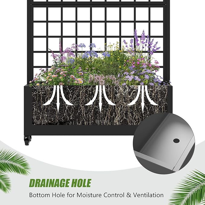 Casaphoria 72x35 Metal Raised Garden Bed with Trellis(2 Pack) Outdoor Planter Box with Wheels &amp Drainage Holes for Climbing Plants Flowers Elevated Garden Kit with Privacy Screen Black-Gird
