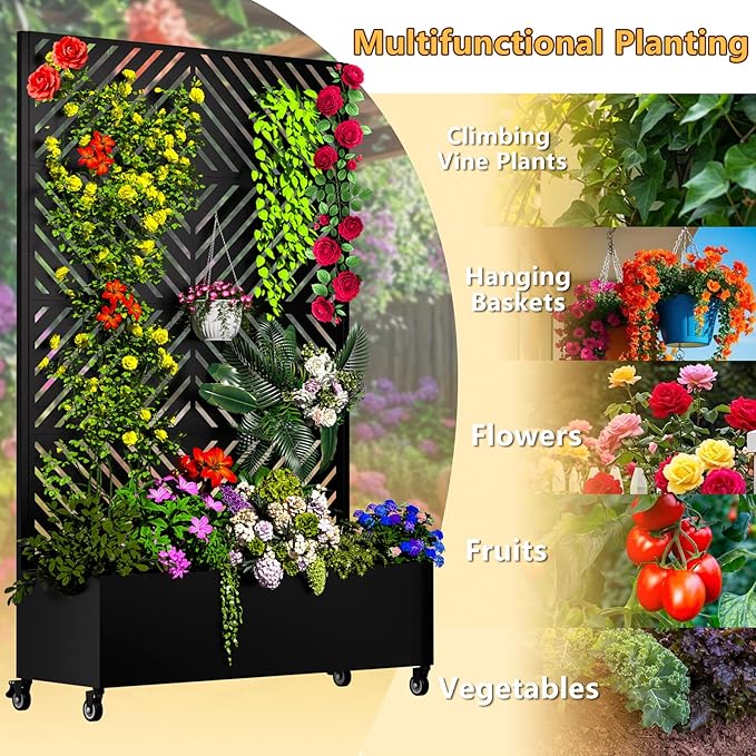 Metal Planter Box with Trellis 72.1x47.2x16 Outdoor Galvanized Raised Garden Bed with Privacy Screen &amp Drainage Holes &amp Lockable Casters for Climbing Plants Vegetable (Arrow-Black1)