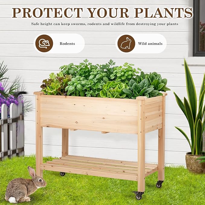 Raised Garden Bed with Lockable Wheels 40x24x32 inch Elevated Wood Planter with Storage Shelf Protective Liner for Vegetable Flower Herb Outdoor Balcony Patio Backyard Natural