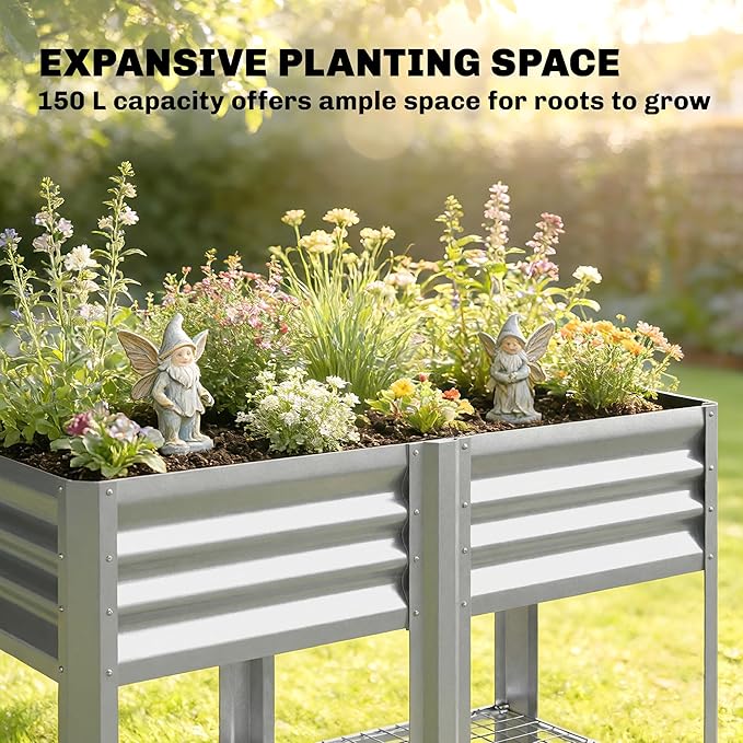 Outsunny Galvanized Steel Raised Garden Bed with Storage Shelf and Bed Liner Elevated Planter Box with Legs for Flowers Vegetables and Herbs for Outdoor Patio Yard Glove Included Silver