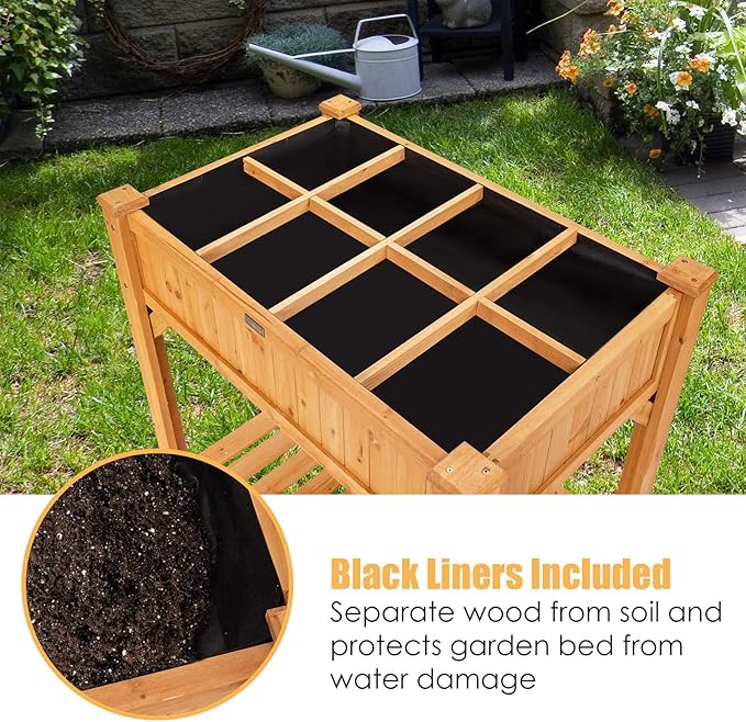 Giantex Raised Garden Bed Elevated Planter Box Kit with 8 Grids &amp Liner for Herbs Vegetables Flowers Outdoor Solid Fir Wood Planting Container with Legs &amp Storage Shelf for Backyard Patio (N