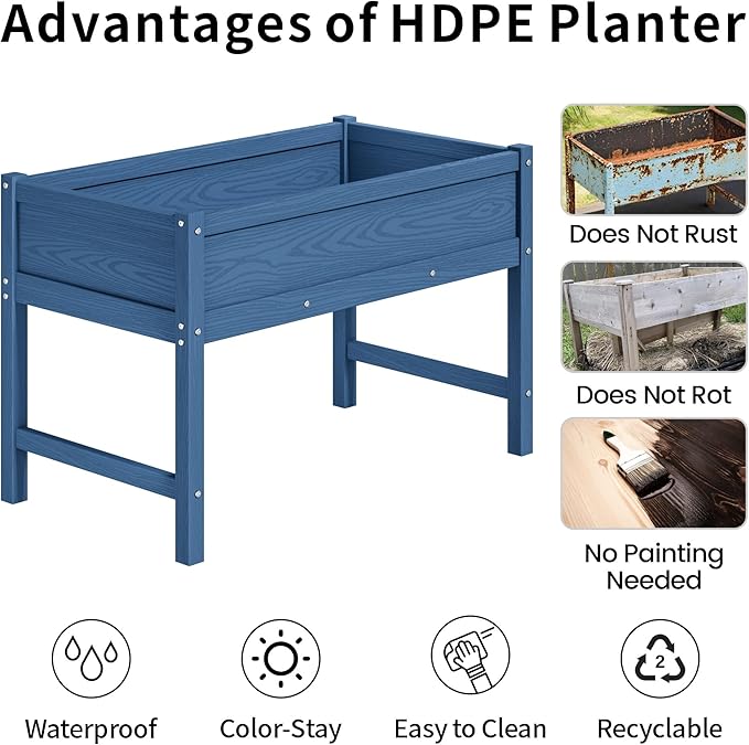 HDPE Raised Garden Planting Bed with LegsGarden Boxes Outdoor Raised with Drainage Hole Rot-ResistantRaised Beds for Gardening for Backyard Patio Balcony 300 lb Capacity (Navy)