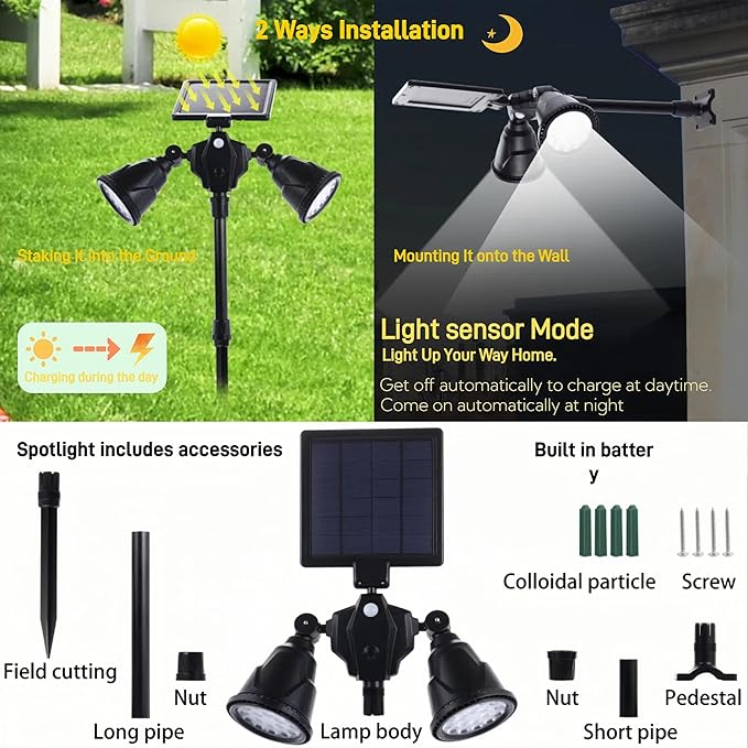 Solar Spot Lights Outdoor Waterproof Double Head Adjustable Bright LED Solar Motion Sensor Lights for Outside Garden Flag Pole Light Landscape Lighting for Patio Deck Yard Driveway