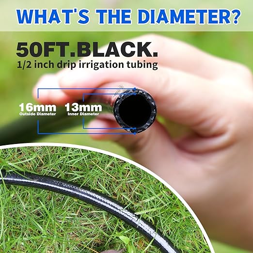 50 FT 1/2 Inch Drip Irrigation Tubing Main Drip Line Hose Tube for Garden Watering Landscape Irrigation System (Includes 2 Pack 6-Way Connector and 1/2 Straight Connector)