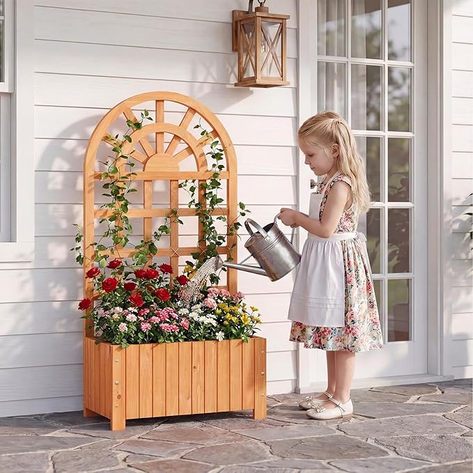 BECOMFORT 48”H Raised Garden Bed with Arched Trellis Fir Wood Planter Box with Privacy Screen &amp Drainage Holes for Balcony Yard Elevated Outdoor Flower Box for Climbing Plants Vegetables &amp