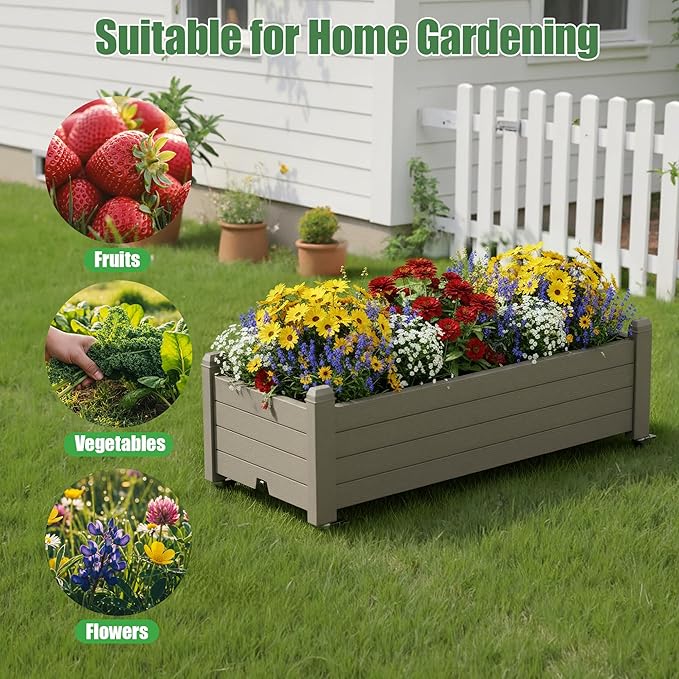 Raised Garden Bed with Wheels Outdoor Resin Planter Box with Drain Hole and Water Level Detector for Backyard Patio Balcony Gray (13.3 h)