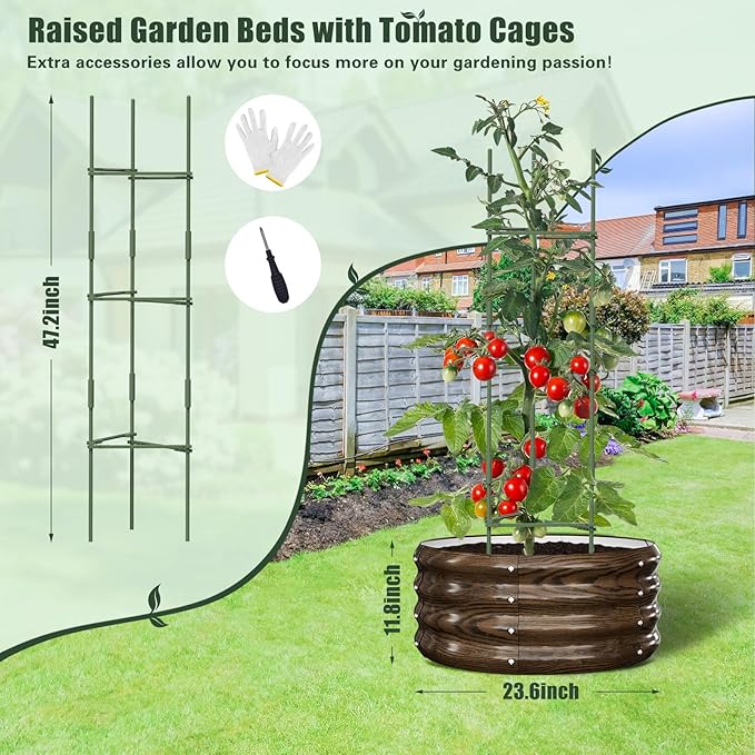 DoCred 3 Pack 2x2x1Ft Round Galvanized Raised Garden Bed Metal Garden Bed Outdoor with Tomato Cages for Gardening Above Ground Planter Box for Plants Vegetables Herbs Flowers Wood Grain