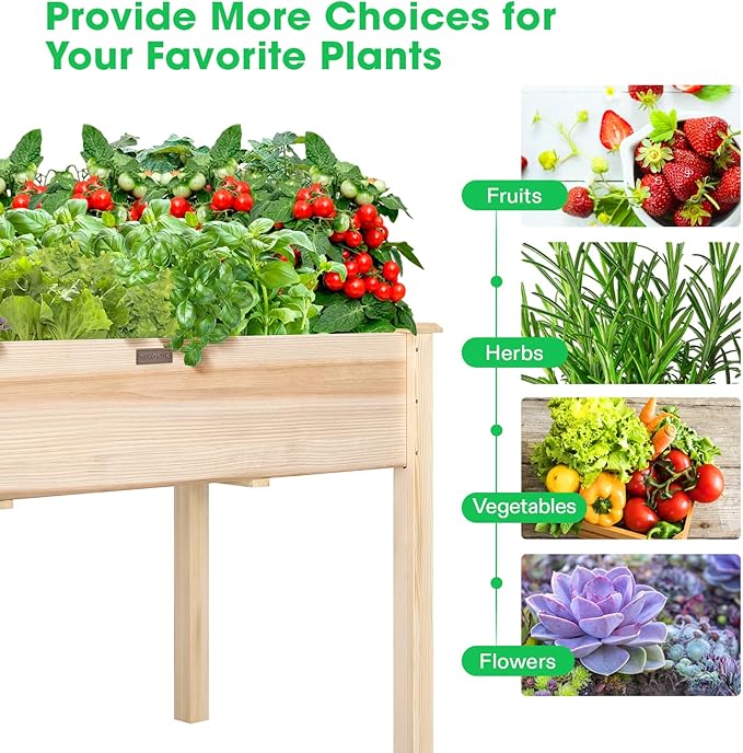 VIVOSUN Elevated Wooden Raised Garden Bed 48 x 24 x 30 Inches Outdoor Wood Planter Box w Bed Liner and Gloves for Garden Patio Balcony Backyard and Outdoors 220-Pound Capacity