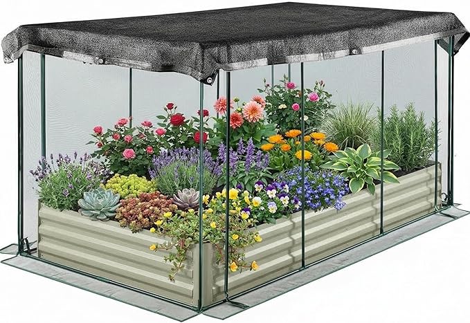 8X4x1Ft Raised Garden Bed with Cover Galvanized Oval Planter Garden Box Plant Protection Net &amp Shade Cloth Outdoor Metal Planter Box with Greenhouse Zipper Open Base Design for Vegetables Flow