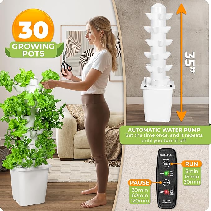 Carpathen Hydroponic Tower Growing System - Indoor Vertical Gardening System with Grow Lights for 30 Plants - Complete Kit with Timer PH+TDS Meter and Water Level Gauge - Indoor Herb Garden