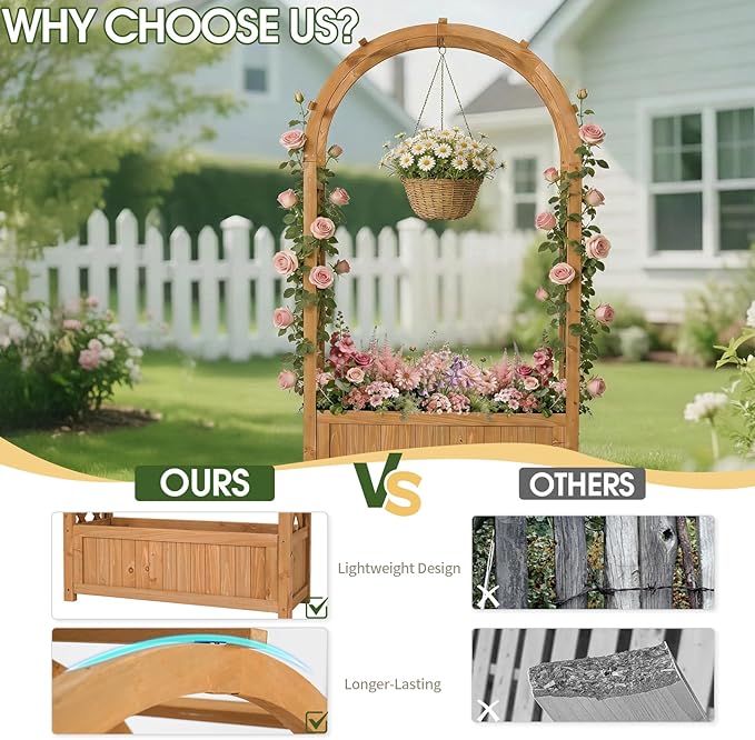 VINGLI Raised Garden Bed with Trellis &amp Hanging Roof Wooden Garden Bed Outdoor Planter Box for Yard Garden Balcony (Natural Wood Color Arched)