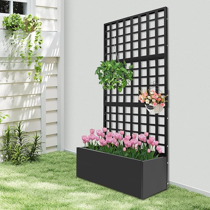 Metal Planter Box with Trellis Heavy Duty Planter with Lattice Panels Privacy Raised Garden Bed Trellis Planters Boxes for Climbing Plants Vegetables Vines 35 W X 16 D X 71 H (Black)